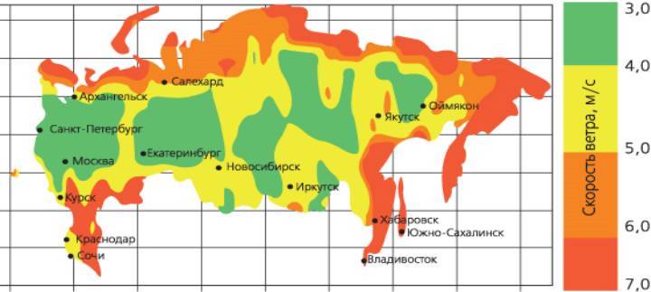 Карта ветров России. Среднегодовоя скорость ветра.